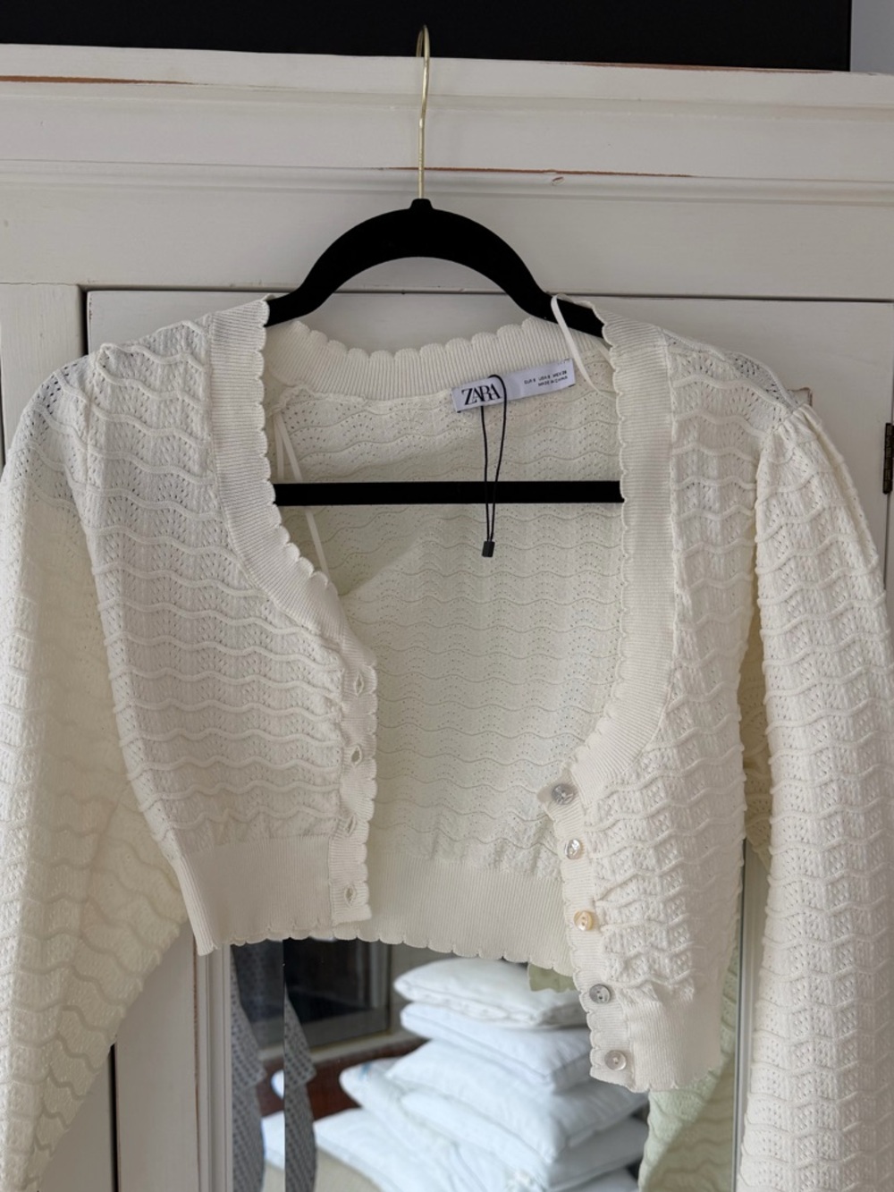 Zara Cream Cropped Scallop-Edge Knit Cardigan